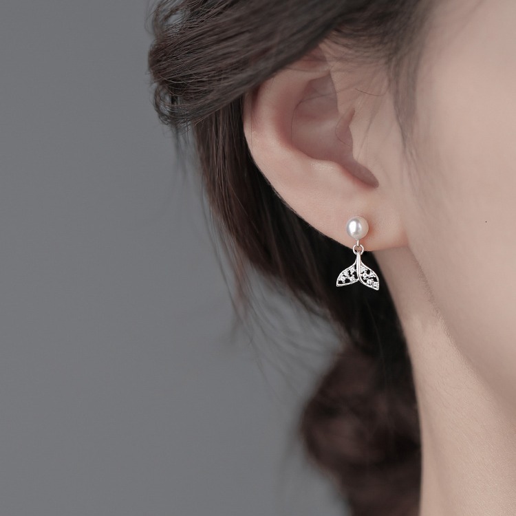 Pure sier needle beauty fish tail sweet pearl 2024 new trendy earrings for women