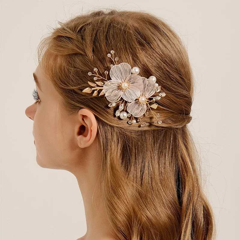 Fashionable Golden Flower Bridal Bucket Pearl Water Diamond Hairpin for Friends Pearl Bridal Wedding Hair Accessories W241007