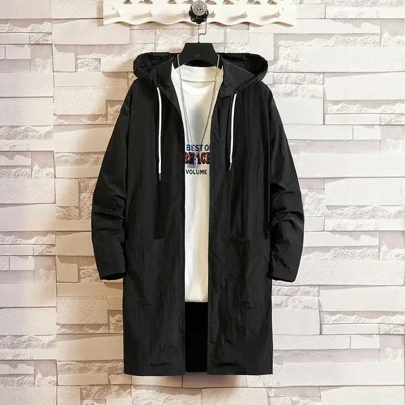 Mens Spring/Summer Hoodie with Medium length Trench Coat Loose Fit Trendy Versatile Sunscreen Jacket W241007