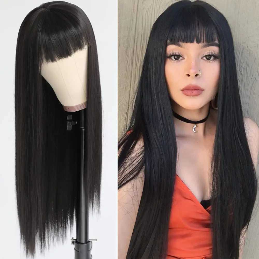 28 Inch Black Synthetic Hair Wig With Full Bangs Long Straight Wig Natural Soft Hair Heat Resistant Silk Headpiece For WomenXJ241008