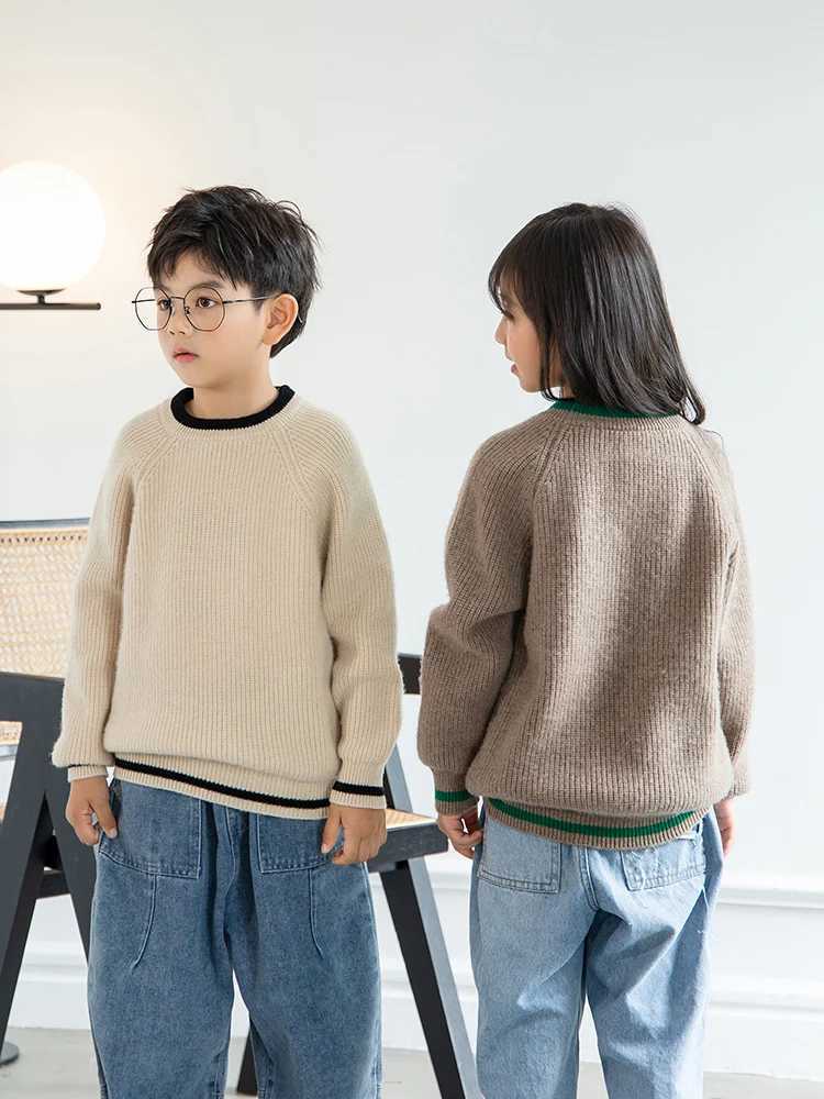 Children 100% Wool Color Match Crewneck Fisherman Rib Pullover Boys Girls Kid Heavy Sweater Teenager Tops Jumper WinterXJ241008