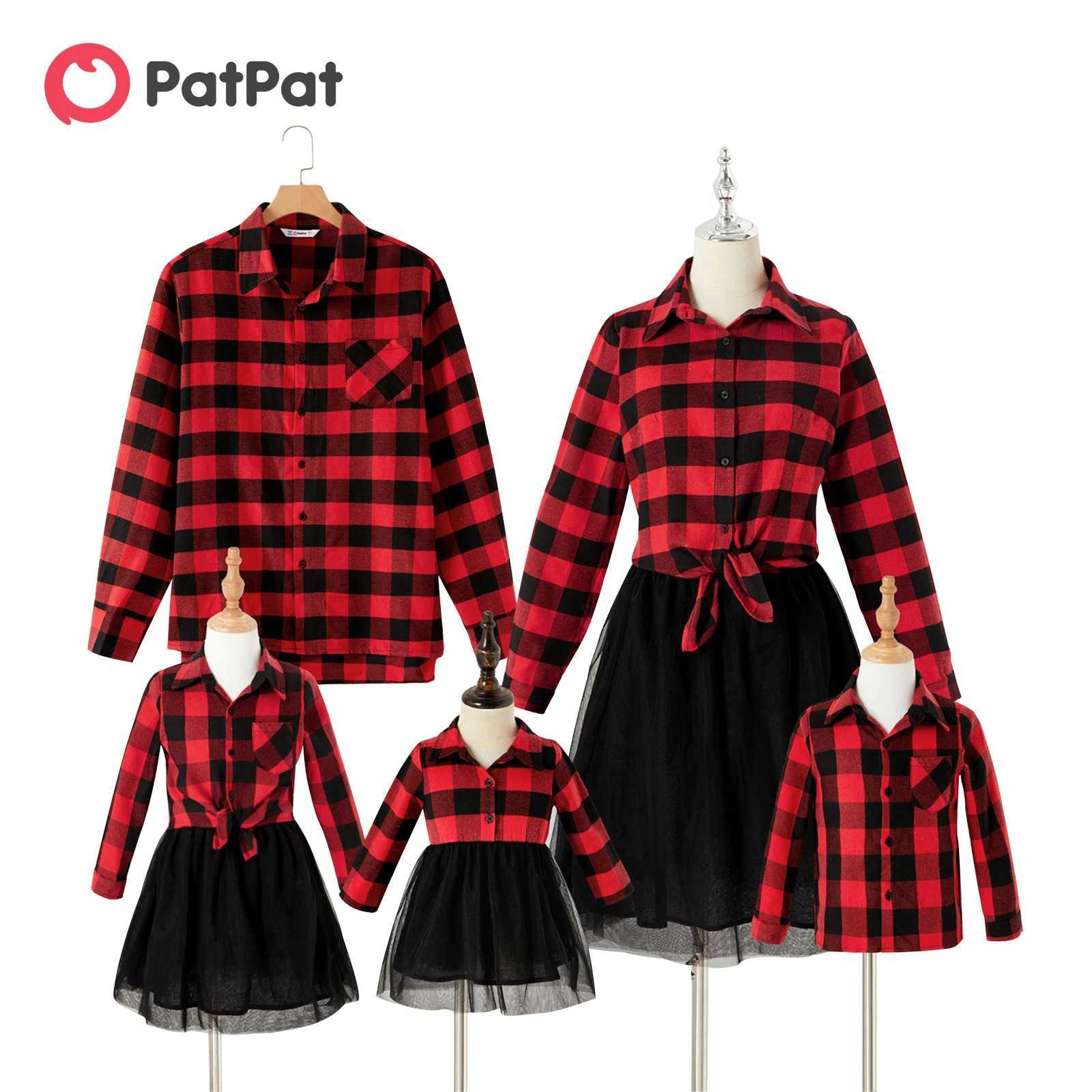 Christmas Family Matching Outfits Red Checkered Long Sleeve Button Up Top and Mesh Skirt Set Suitable for Family Appearance Clothing W241008