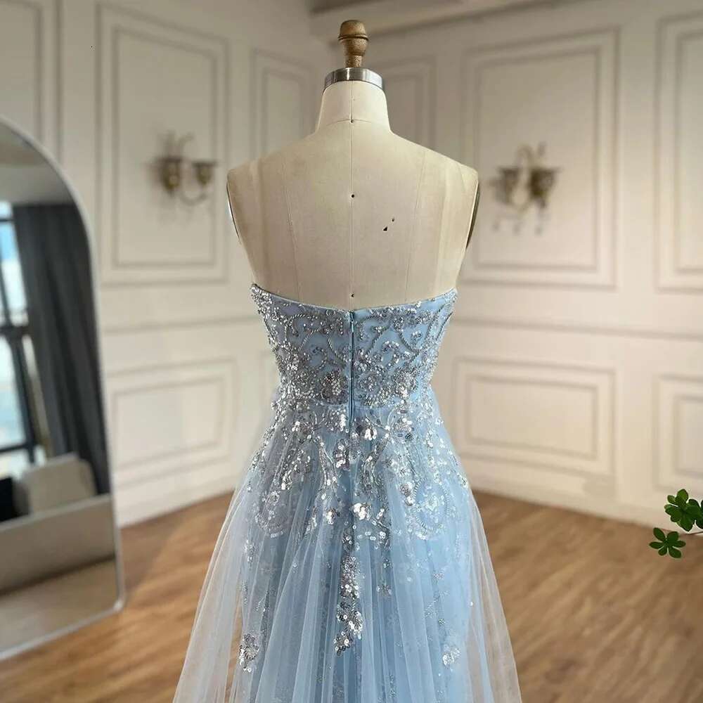 Wasisi 2024 Arabic Blue Strapless Mermaid Evening Gown with Tulle Overskirt Beaded Dress for Women's Party ELA72639