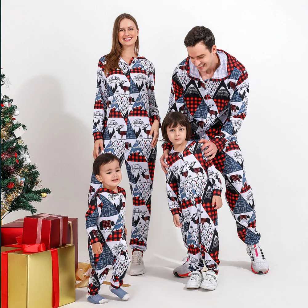 Christmas Family Matching Set Cartoon Elk Plain Pajamas Hoodies Adult and Childrens Family Pajamas Christmas Costume Set W241008