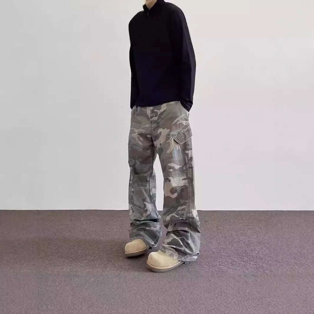 2024 New American Retro Style Camouflage Denim Work Pants Men's Loose Straight Leg High Street Micro Pull Down Pants In 9E8