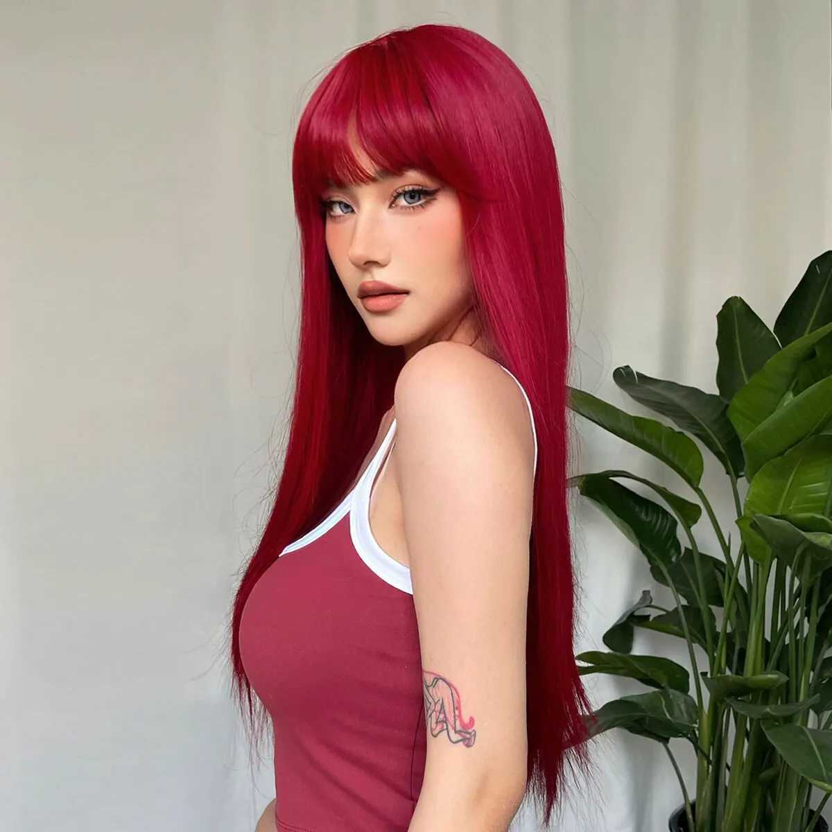 Light Wine Red Synthetic Wigs With Bangs for Women Long Straight Hair Wig Natural Cosplay Party Heat ResistantXJ241008