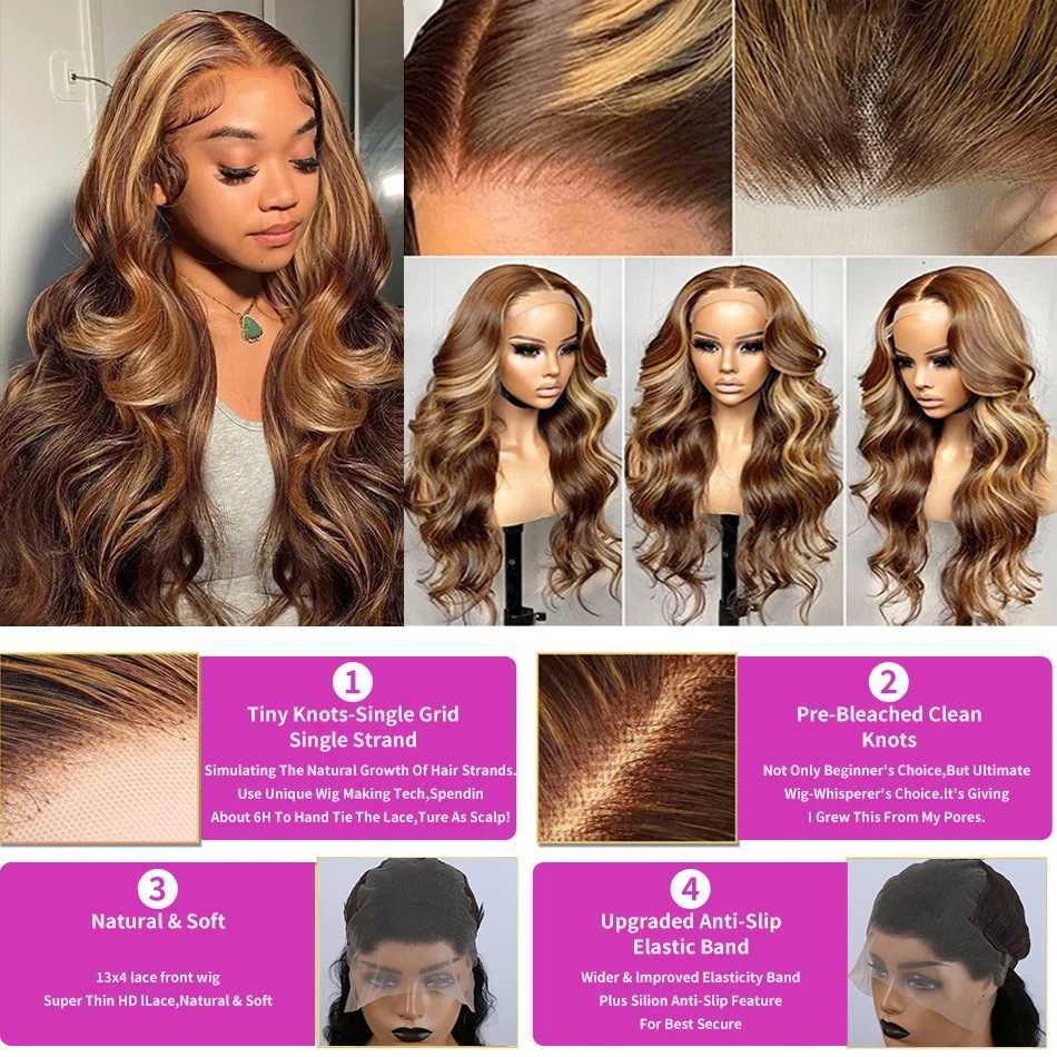 30 32 Inch 4/27 Ombre Body Wave Lace Front Wigs 220% 13x4 13x6 Highlight Borwn Lace Frontal Human Hair Wigs For Women PrepluckedXJ241008