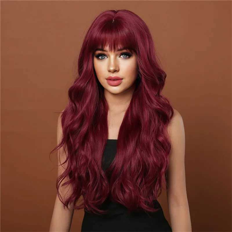 New selling wig female fluffy wine red air bangs long curly hair big wave synthetic fiber high temperature silk full head coverXJ241008