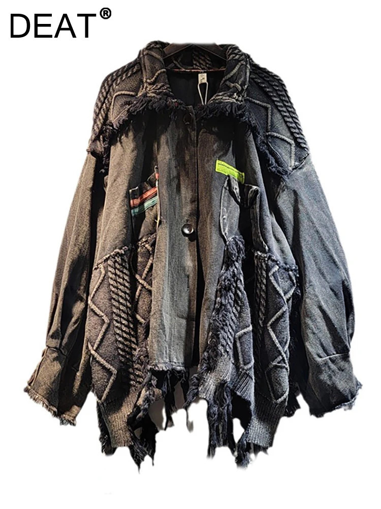 DEAT Women's Denim Coat Patchwork Knitted Washed Black Gery Irregular Do Old Loose Jackets 2024 Autumn New Fashion 29L8172