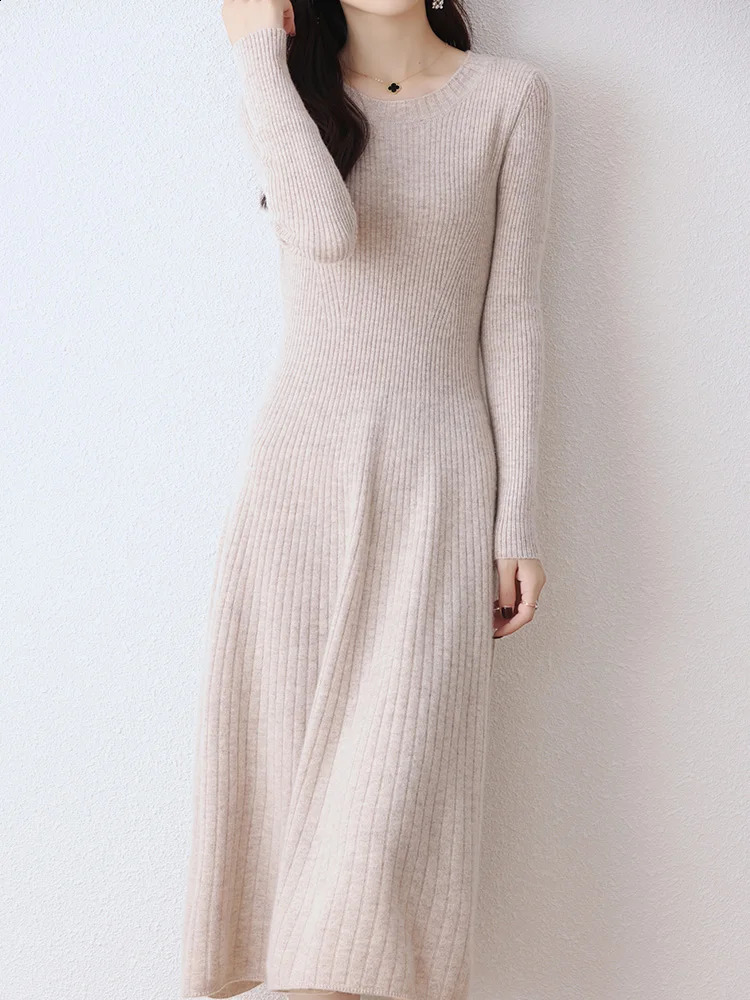 100% pure wool knitted dress womens Oneck ultrathin Frock high waisted long skirt fashionable pullout sweater large swing 241007