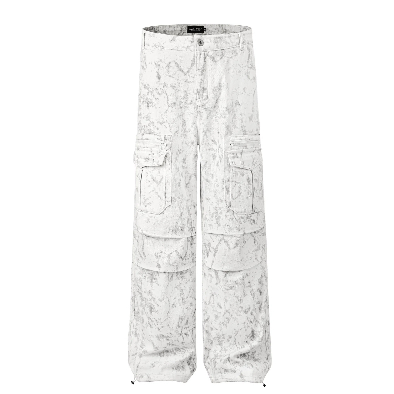 High Street Denim American Retro Tie Dye Cargo Pants Men Casual Straight Multi-Pockets Wide Leg Pant Hip Hop Trousers