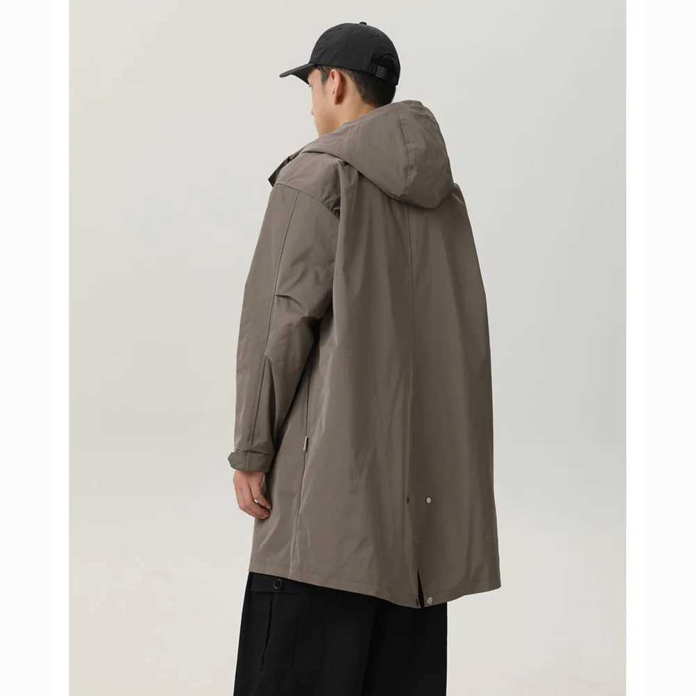 Mens Japanese Korean streetwear loose casual long hooded trench coat mens Amikaji cargo cloak jacket trench coat W241007