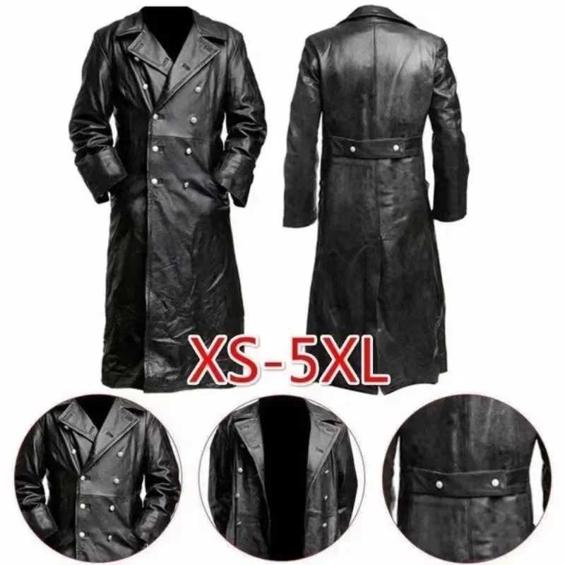 Black leather raincoat officer military classic German mens jacket mens long jacket W241007