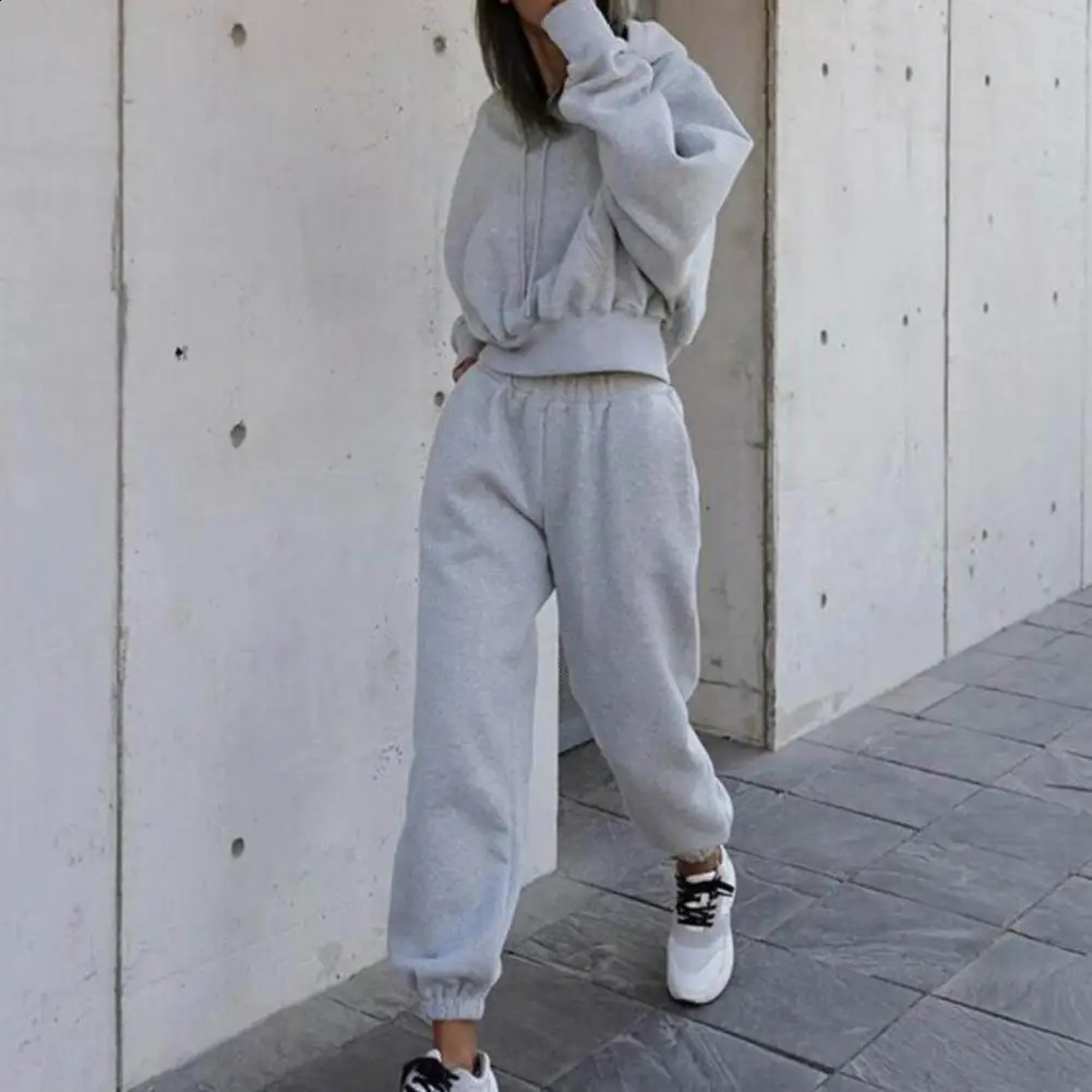 Womens 2piece Running Set Autumn Spring Solid Sweatshirt Long Sleeve Cut HoodieRunning Pants Plus Size Track and Field Wear 241007