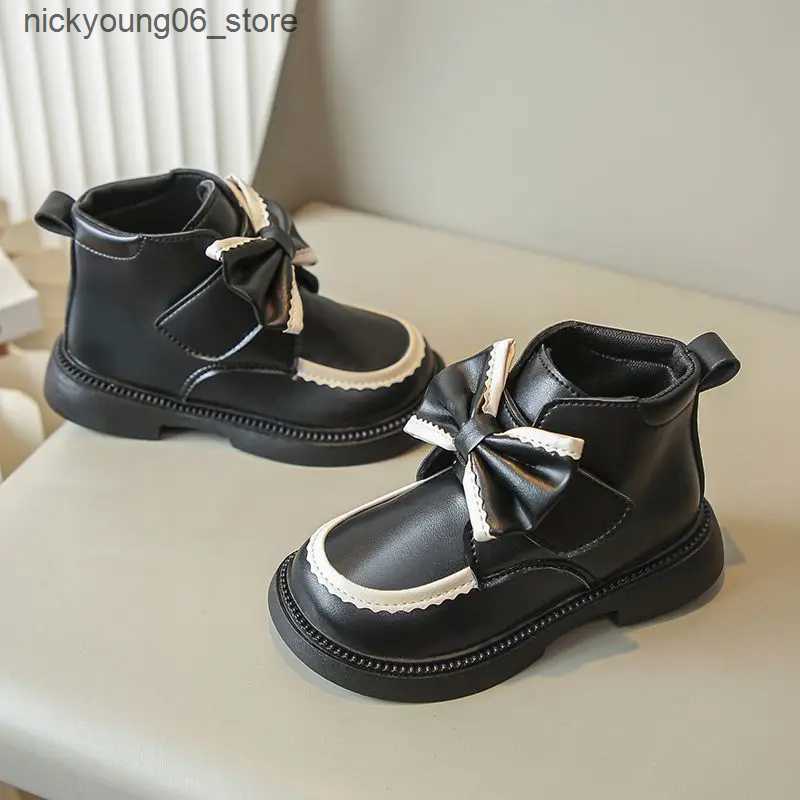 Boots Autumn Winter Bow Girls Princess Boots PU Leather Warm Soft Kids Fashion Boots Plush Hook Loop Non Slip Children Ankle Shoes L240910