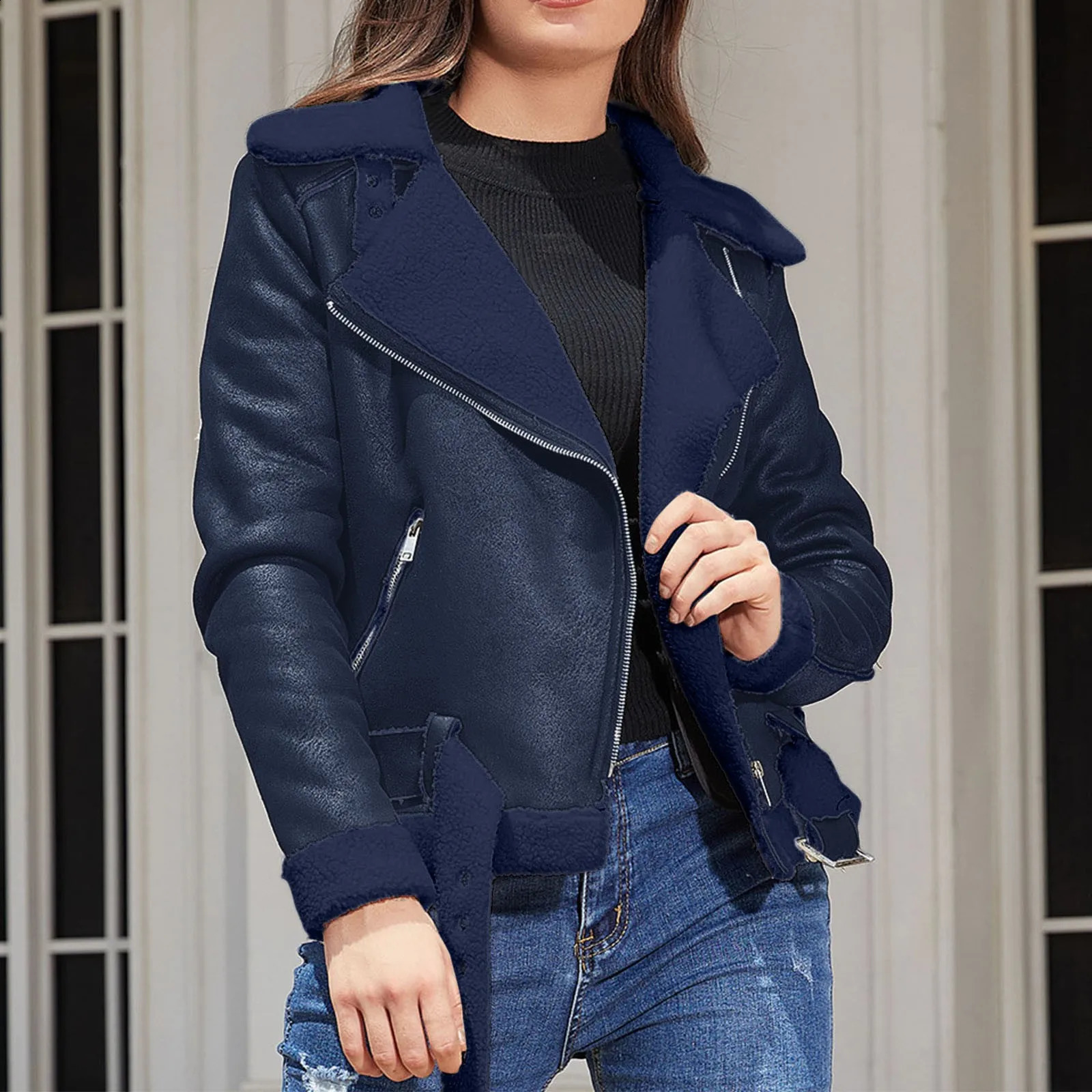 Warm suede sheepskin jacket for winter womens thick short motorcycle jacket synthetic wool leather jacket carat chain cool jacket for womens jacket 24