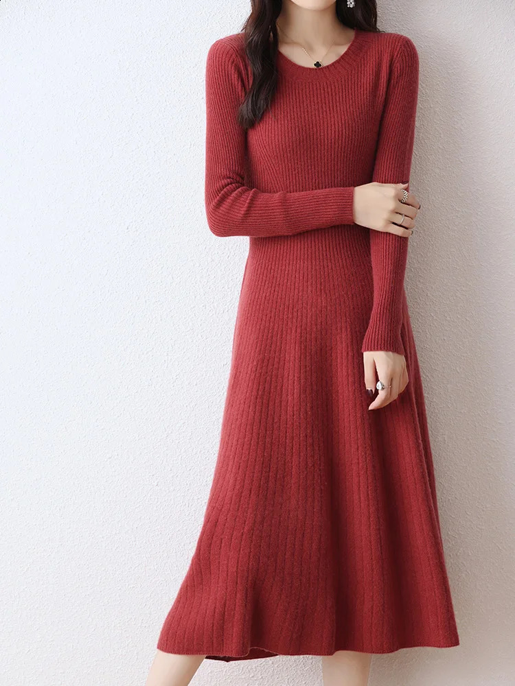 100% pure wool knitted dress womens Oneck ultrathin Frock high waisted long skirt fashionable pullout sweater large swing 241007