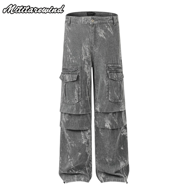 High Street Denim American Retro Tie Dye Cargo Pants Men Casual Straight Multi-Pockets Wide Leg Pant Hip Hop Trousers