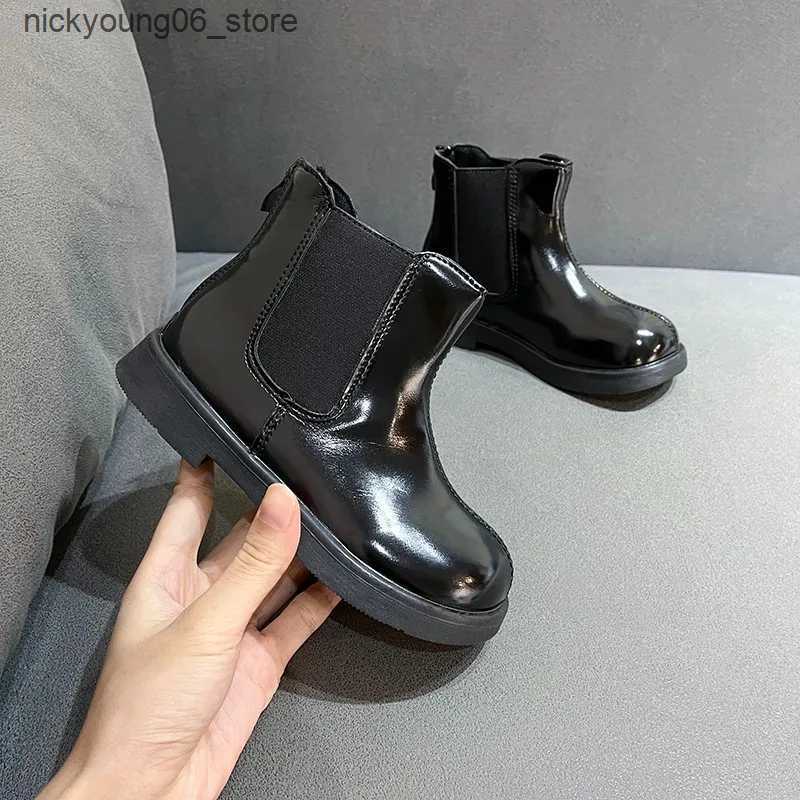 Boots Kids Fashion Black Girls Short Boots Zipper Beige Children Chelsea Boots Glossy Britain PU Spring Autumn Non-slip Drop Shipping L240910