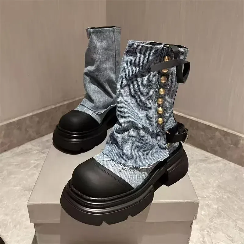 Designer Women Ankle Boots Fashion Slip On Thick Bottom Platform Shoes Ladies Elegant Morder Short Booties 2024