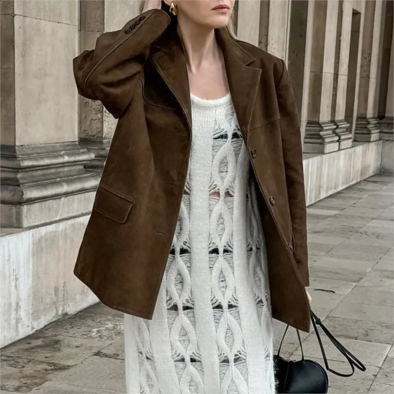 Retro brown suede leather jacket for womens fashion single chest pocket lapel crop coat womens autumn coat 241007