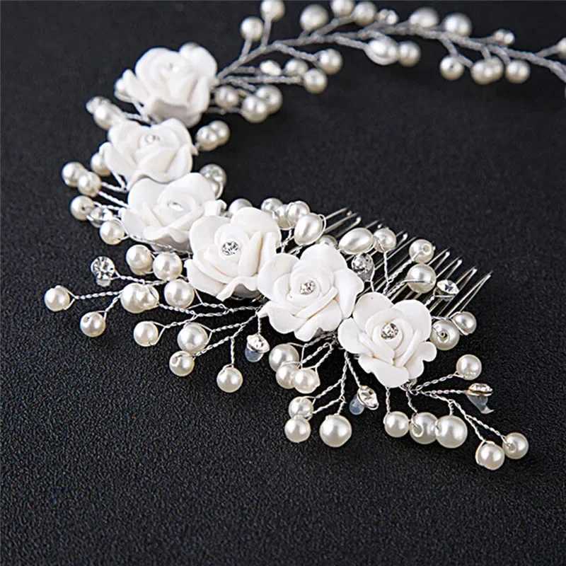 Handmade silver pearl wedding hair comb bridal floral headdress female bridal hair decoration jewelry W241007