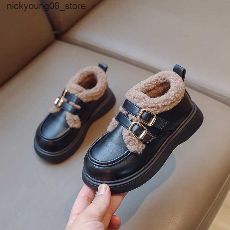 Boots British Style Children Leather Shoes for Girls Winter 2023 Thick Soled Lamb Wool Warm Boys Uniform School Cotton Shoes Plush PU L240910