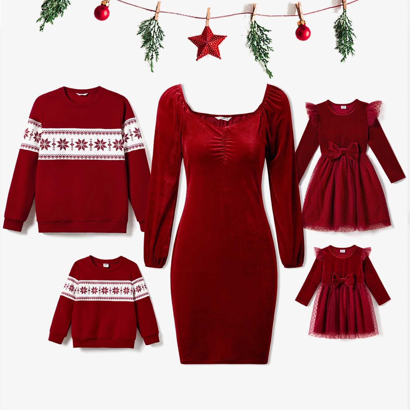 Christmas Family Matching Long Sleeve Colorful Block Top and Velvet Dress Set W241008