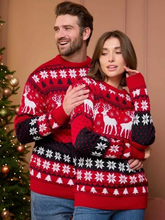 2024 Winter Womens Mens and Girls Matching Sweater Full Sleeve Warm Thick Jumper Casual Loose Knitted Christmas Home Appearance W241008