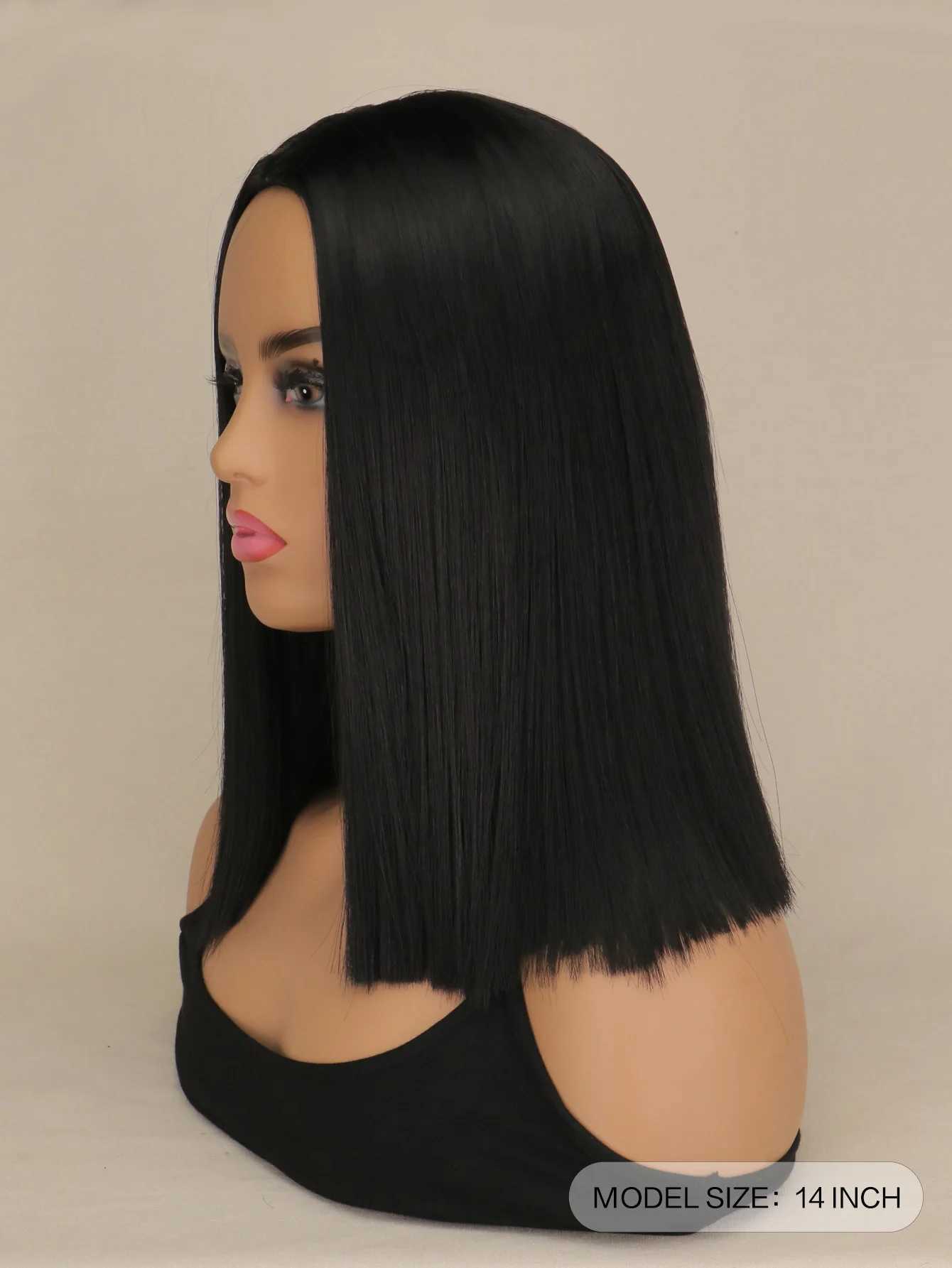 Short Bob Synthetic hair Wig For Women Natural Hair Wigs Cosplay Party Middle Part Black 14 inchXJ241008