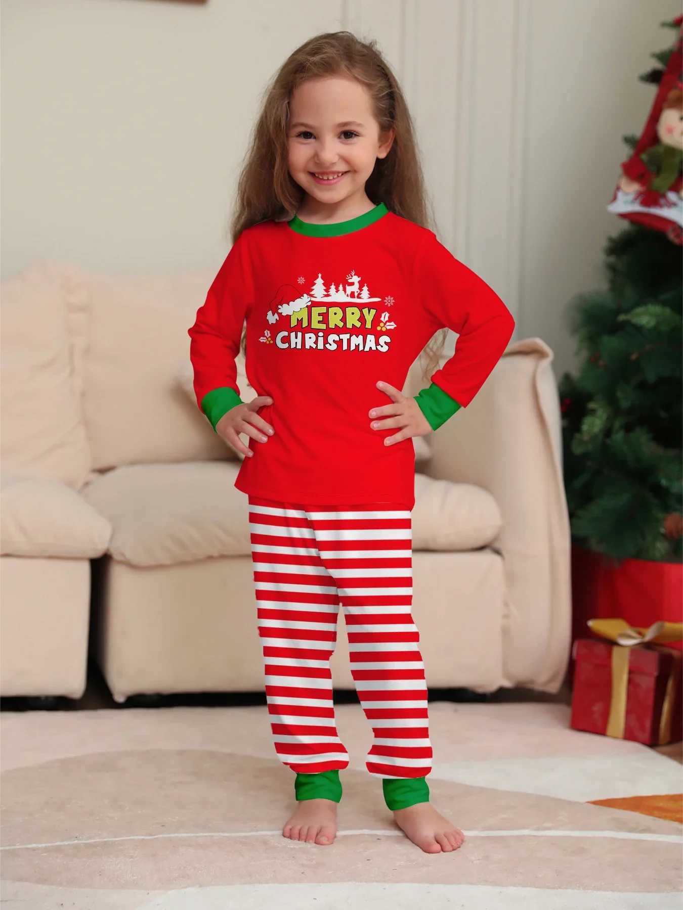 Merry Christmas Striped Print Pajamas Set Parent-child Matching Outfits Cute Soft 2 Pieces Suit Loungewear Xmas Family Look PjsXJ241008