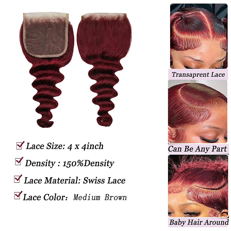 Loose Deep Brazilian Human Hair 99J Burgundy Color 3 Bundles With 4X4 Lace Closure 4 PCS/lot Curly Hair Wefts With Closures