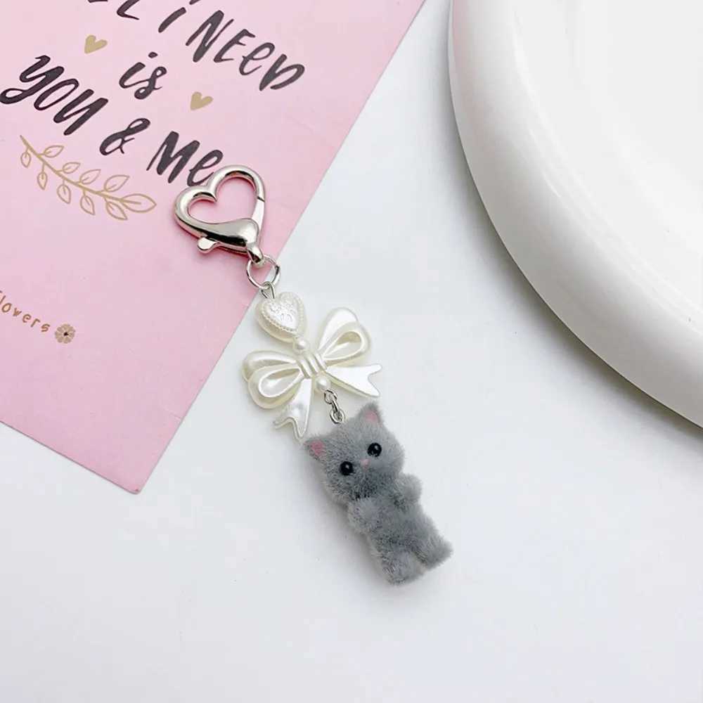 Kawaii 10cm Bow Keychain Fuzzy Kitten Doll Plush Bear Keyring Pearl Kitty Cat Backpack Pendant WomenX241008