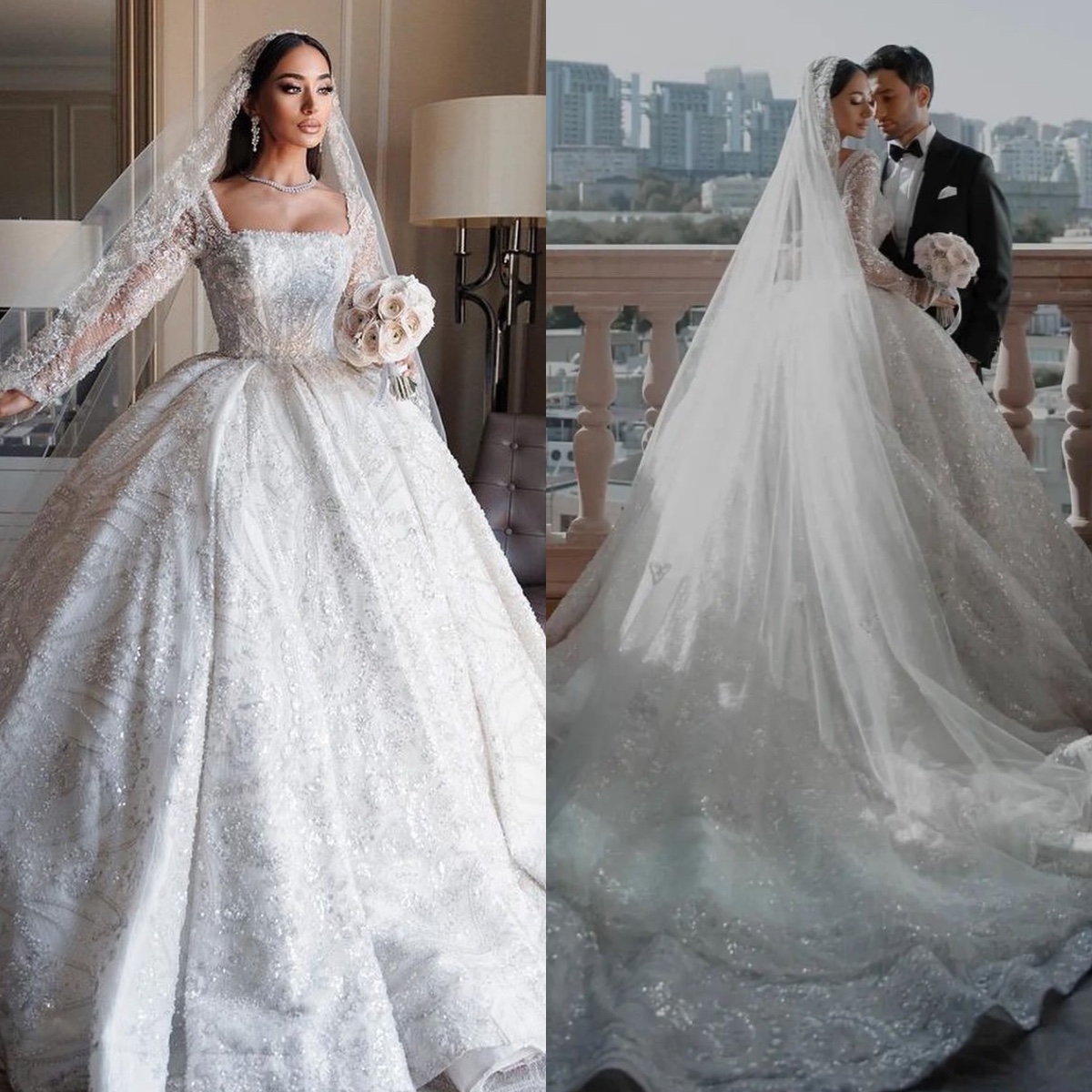 Crystal beaded ball gown Wedding Dress square neck long sleeves wedding dresses ruched sweep train Dubai r Bridal gowns plus size