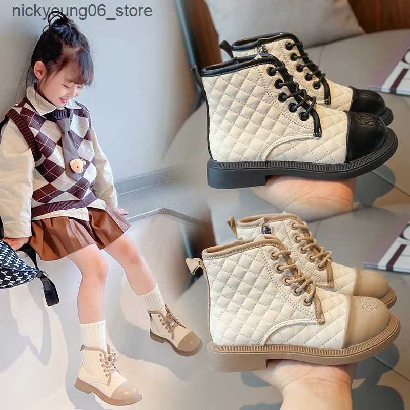 Boots Korean Version Plaid Emed Side Zippered Leather Boots Princess Boot Winter Shoe for Girl Kid Shoe for Girl Boot Zapatos L240910