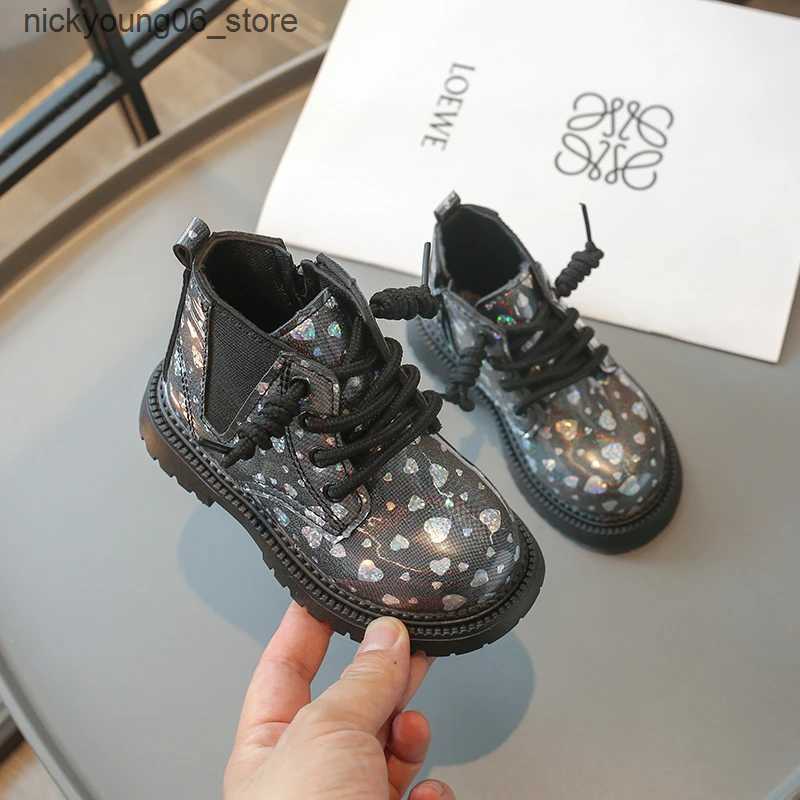 Boots Spring Autumn Childrens Boot Glossy PU Girls Princess Leather Boots Round-toe Versatile Kids Causal Ankle Boots Side Zipper New L240910