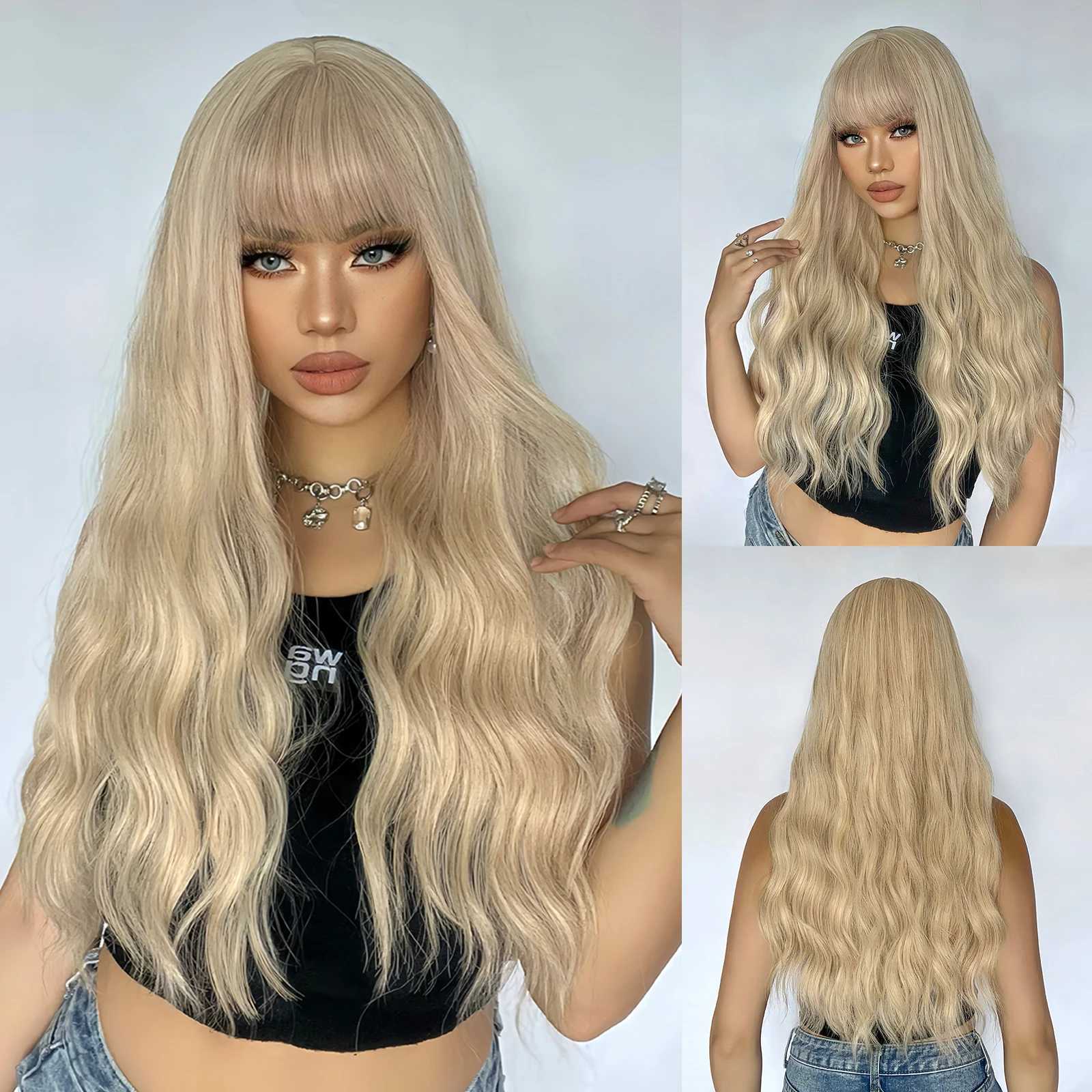 Blonde Long Curly Synthetic Wigs for Women Light Yellow Body Wave Natural Hair Wig for Cosplay Heat Resistant Hair With BangsXJ241008