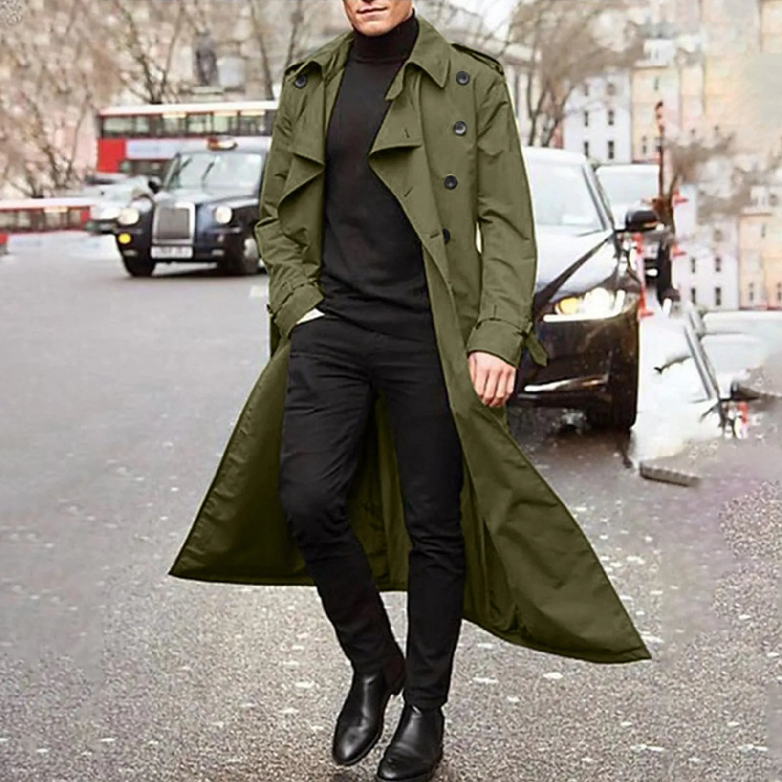 MenS Windbreaker Spring Autumn Long-Slevee Extra Long Trench Coat Classic Trend Double Breasted Solid Color Temperament Trench 241008