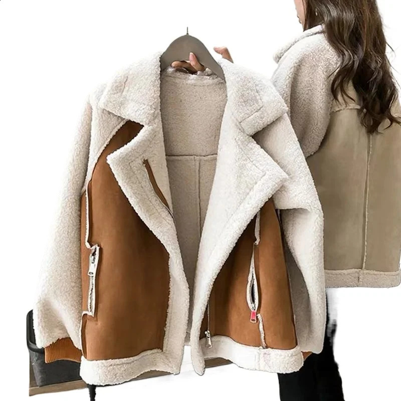 Sheepskin coat model thick warm fur as loose deer velvet jacket womens clothing zipper comfortable skin friendly 241007