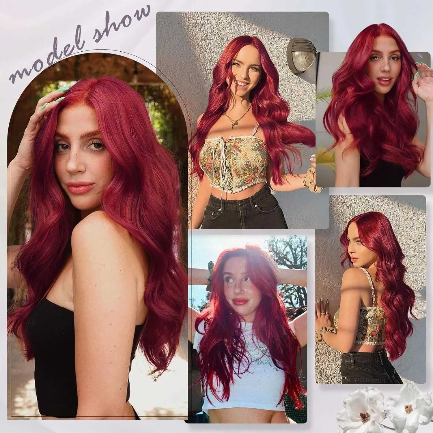 New wig fashion womens curly hair synthetic fiber high temperature silk head set wine red medium part long curly hairXJ241008