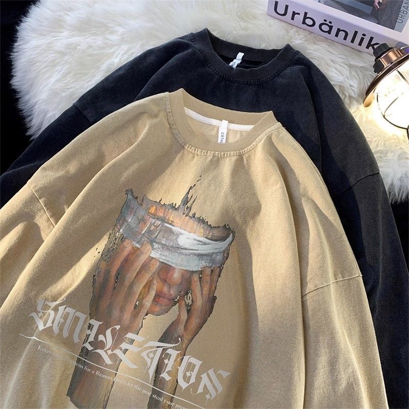 2024 New Designer Washed Retro American Long Sleeve Hoodie Suitable for Men Without Hats Autumn Trendy Brand High Street Oversized