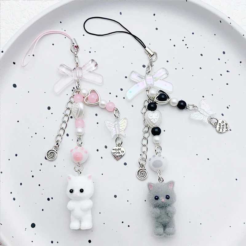 Cute Creative Keychain Pendant Fashion Minimalist Bowknot Flocking Cat Phone Strap Sweet Phone Lanyard Bag Decoration GiftsX241008