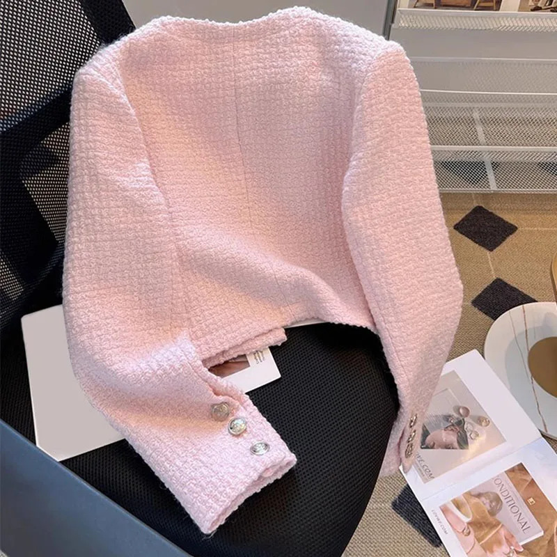 Pink Elegant O-neck Tweed Cropped Jackets Women Casual Chic Single Breasted Short Coats Tops Korean Long Sleeve Vintage Abrigos 241008