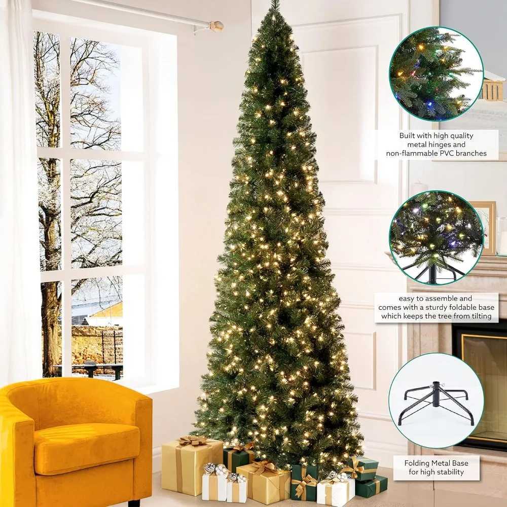 Prelit ultra-thin artificial Christmas tree with branch tips warm lights and metal brackets W241008