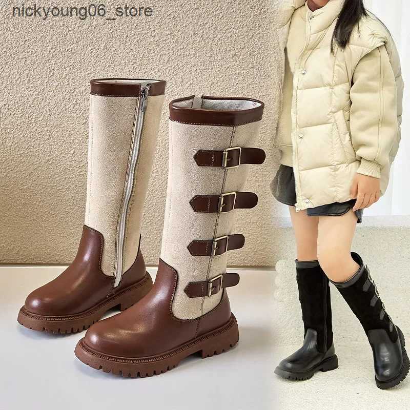 Boots Retro Buckle Girls Long Boots 2024 Autumn New Fashion Knee-length Boots Princess High Top Casual Children Shoes L240910