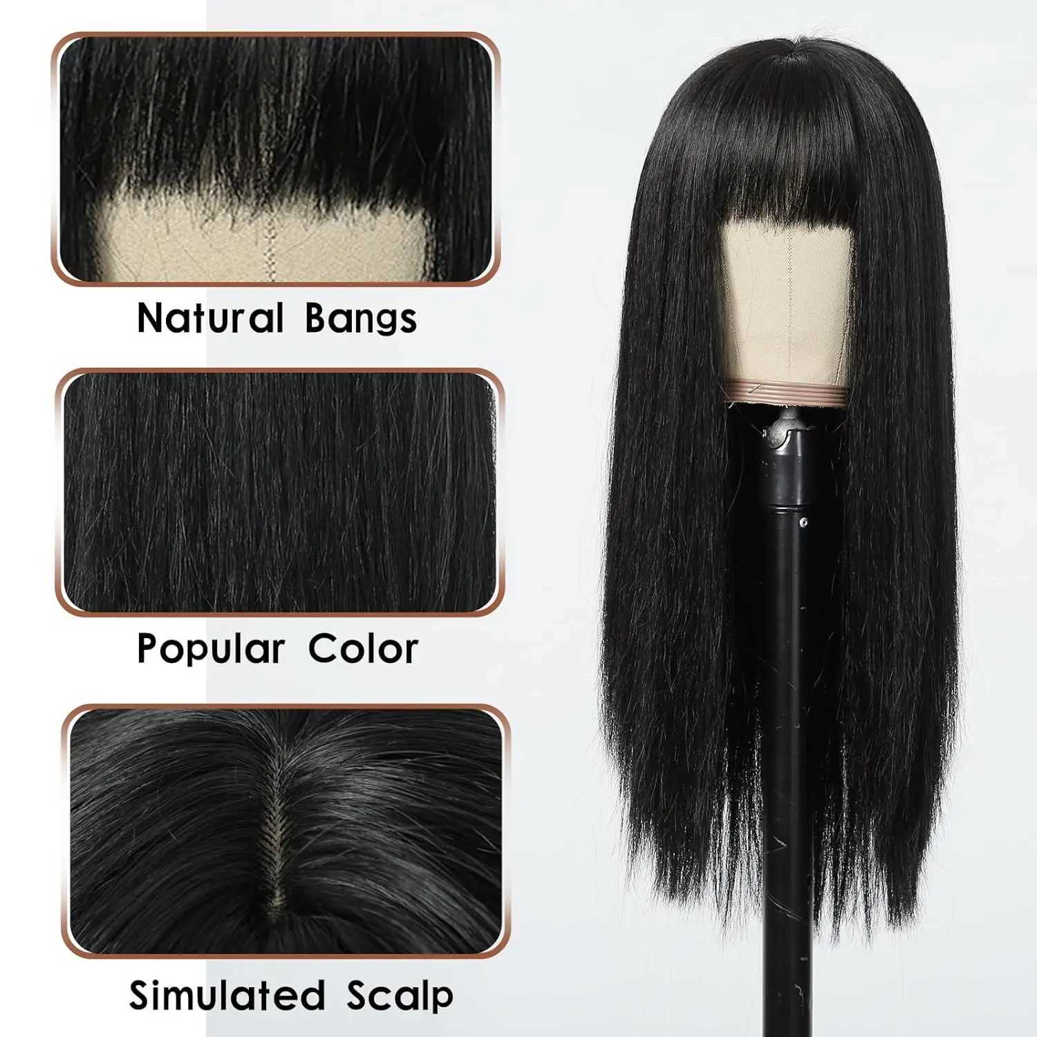 Long Straight Wigs with Bangs Silky Synthetic Heat Resistant Fiber Hair Full Machine Wig Cosplay Party Wig For Fashion WomenXJ241008