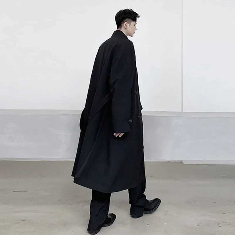Mens Irregular Double breasted Trench Long Coat with Belt 2022 Autumn/Winter New Loose and Elegant Windproof Machine W241007