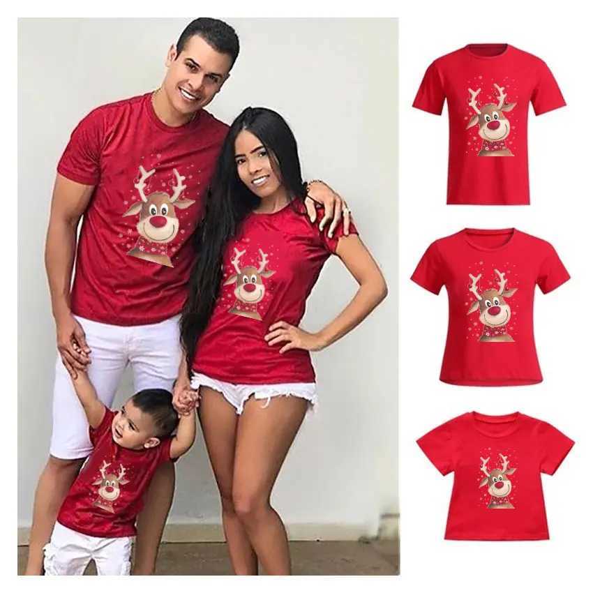 Christmas reindeer family matching clothing Mother Father Daughter Son Baby T-shirt Christmas family gift Red short sleeved shirt W241008