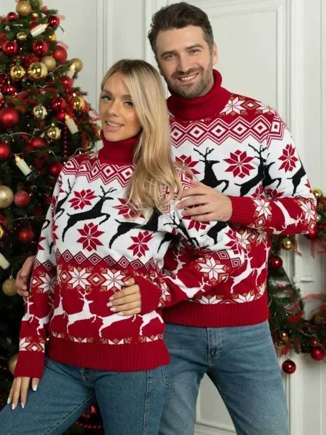 New Winter Womens Mens Parachute Christmas Match Sweater Warm Thick Turtle Neck Knitted Jacquard Flower Christmas Home Appearance W241008