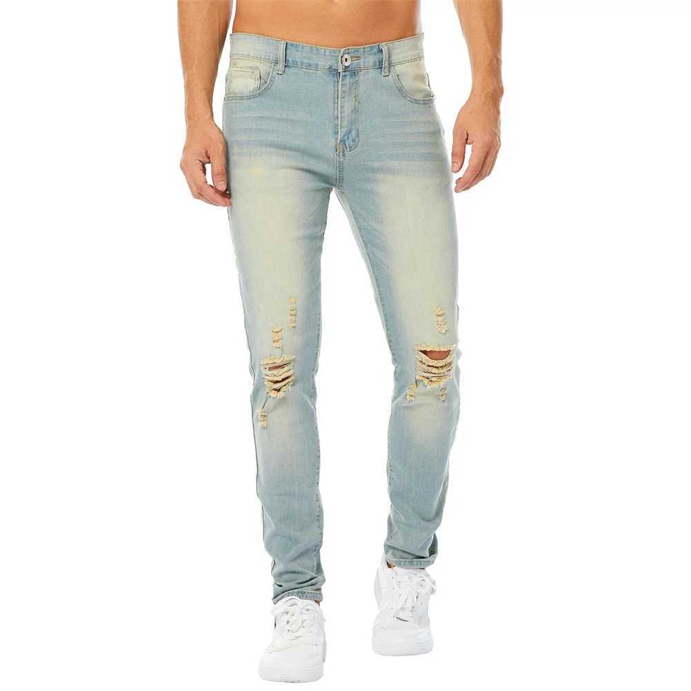 Simple retro style solid hole mens tight jeans Trouser mens fashionable tear elastic casual jeansW240715